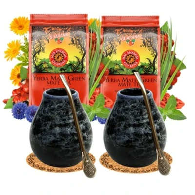 Abbildung von Mate Green Tee Set für zwei Personen ● Yerba Mas Energia mit Guarana 400g Marmol Blue Keramik Becher 350ml Liza Edelstahl Trinkhalm Bombilla 19 cm loose leaf 2x200g