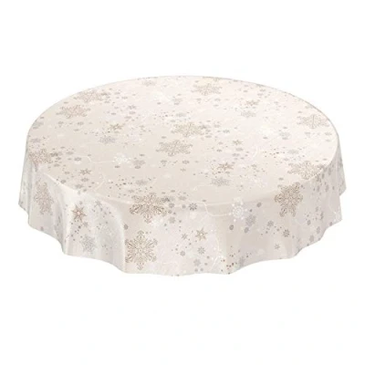 Abbildung von ANRO Wachstuchtischdecke Wachstuch Wachstischdecke Tischdecke Weihnachten Schneeflocken Beige Rund 140cm eingefasst