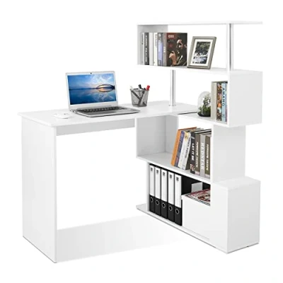 Abbildung von Meerveil Computertisch L Förmig, Eckschreibtisch, mit 360 Grad Drehbarem Bücherregal für Arbeitszimmer Wohnzimmer Büro 157 x 45 130,5 cm, Weiß