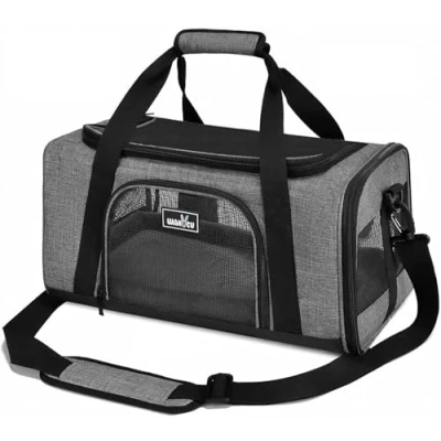 Abbildung von Wakytu Reisetasche Flugzeug Transportbox für Katze Kleine Hund Transporttasche Haustiere Faltbare Hundetransportbox Katzentransportbox Hundetragetasche Hundebox Auto Atmungsaktive Hundetasche Grau