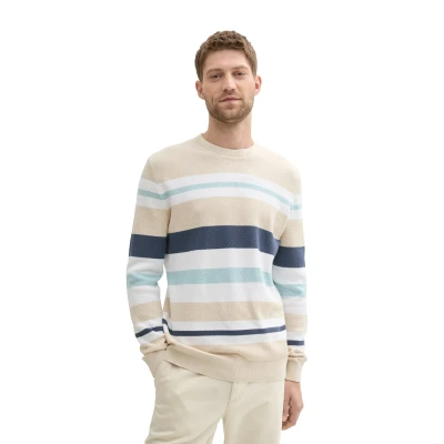 Abbildung von TOM Tailor Gestreifter Strickpullover, Herren, Größe: Small, Sand white multi color stripe