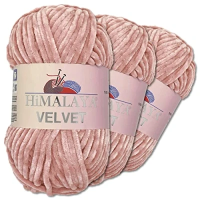 Abbildung von Wohnkult Himalaya 3 x 100 g Velvet Dolphin Wolle 40 Farben zur Auswahl Chenille Strickgarn Flauschwolle Glanz Accessoire Kleidung Decken (90049 Altrosa)