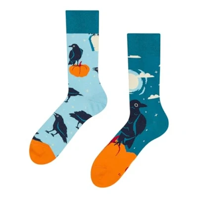 Abbildung von Dedoles Socken Unisex Damen Herren &amp; Kinder Baumwolle viele lustige Designs 1 Paar Geschenk links rechts verschieden, Farbe: Blau, Motiv: Halloween Nachtkrähe, Gr. 43 46
