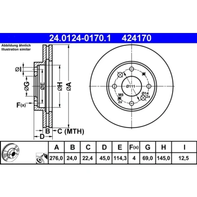 Abbildung von ATE 24.0124 0170.1 Bremsscheibe 276,0 24,0 4 114,3 Belüftet beschichtet MITSUBISHI: Galant 6, 6 Kombi