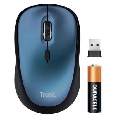 Abbildung von Trust Yvi+ Leise Funkmaus, Nachhaltiges Design, 800 1600 DPI, für Rechts und Linkshänder, Verstaubarer USB Mikroempfänger, Kompakte Maus Kabellos Laptop, PC, Desktop, Mac Blau