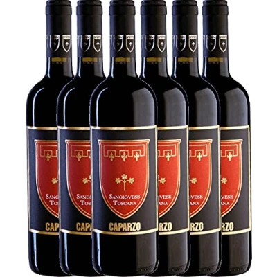 Abbildung von VINELLO 6er Weinpaket Sangiovese Toscana IGT 2019 Caparzo mit einem VINELLO.weinausgießer 6 x 0,75 Liter