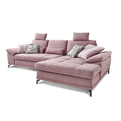 Abbildung von Cavadore Schlafsofa Castiel mit Federkern / Großes Sofa in L Form Bettfunktion, Sitztiefenverstellung, Kopfstützen und XL Longchair 312 x 114 173 Webstoff, Flieder Rosa