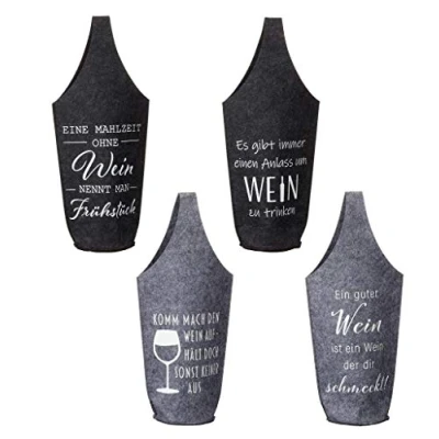 Abbildung von 4 Flaschentüten für Wein aus Filz mit Spruch 40 x 18 cm Grau Geschenktasche Flaschentasche