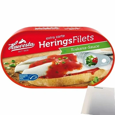 Abbildung von Hawesta zarte Heringsfilets in Toskana Sauce MSC (200g Dose) + usy Block