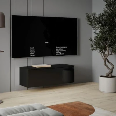 Abbildung von FORTE LIBERTAD moderner Fernsehtisch TV Schrank Lowboard 100 200 300 für Fernseher 55 65 80 Zoll, Wohnzimmer, hängend oder stehend, Schwarz Hochglanz, 99,9 cm breit x 35,4 hoch 34,8 tief