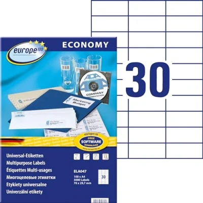 Abbildung von europe100 ELA047 Universaletiketten (70 x 29,7 mm, 100 Blatt/3000 Etiketten) weiß