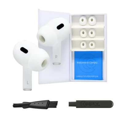 Abbildung von Comply Premium Schaumstoff Ohrstöpsel, kompatibel mit Apple AirPods Pro Gen 1 &amp; 2., Größe S, Neue 2025 Version Demontage und Reinigungstool, weiß, 3 Paar, Made in The USA