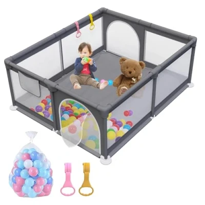 Abbildung von Laufstall Baby 150x180cm, Laufgitter mit 2 Zugringen, Kinder Atmungsaktivem Netz und Reißverschluss für Kleinkinder, Dunkelgrau