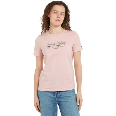 Abbildung von Tommy Hilfiger REG Script Graphic C NK SS Langarmhemd Damen, Rosa (Delicate Pink), XS