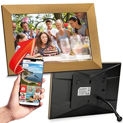 Abbildung von Grouptronics Digitaler Bilderrahmen, 25.4 cm (10 Zoll), zum Senden von Fotos oder Videos über App weltweit, biegbarer Ständer, Touchscreen, automatische Drehung Querformat Hochformat, 16 GB