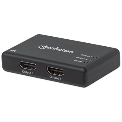 Abbildung von Manhattan Products 2 Port Netzteil HDMI Splitter mit 4K Auflösung (bei 30 Hz) für Bandbreiten bis 340 MHz, integrierter Signalverstärker Schwarz