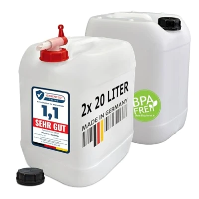 Abbildung von plasteo® 2X 20 Liter Getränke Wasserkanister Natur mit Schraubdeckeln und 1x Hahn (DIN 61) BPA Frei Lebensmittelecht Tragbar Indoor Outdoor Made in Germany