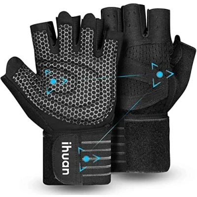 Abbildung von ihuan Belüftete Fitness Handschuhe mit Handgelenkband Unterstützung für Herren und Frauen Schwarze Trainingshandschuhe kompletter Handflächenschutz Gewichtheben, Training, Fitness, Klimmzüge