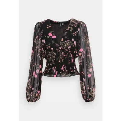 Abbildung von Vero Moda Vmrosa V NECK Smock Langarmshirt, Damen, Größe: XS, Black/pink