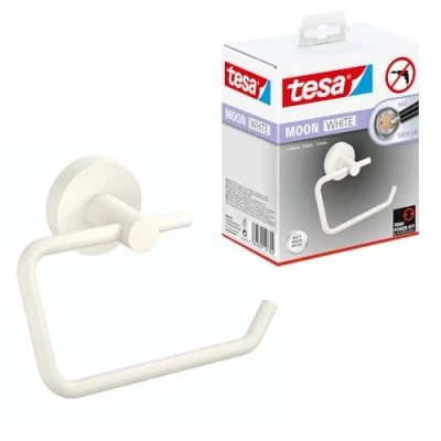 Abbildung von tesa Toilettenpapierhalter MOON Toilettenrollenhalter ohne Bohren 9,9 cm : 14 5,3 (Packung, 1 St., inkl. Klebelösung), selbstklebender WC Rollenhalter weiß