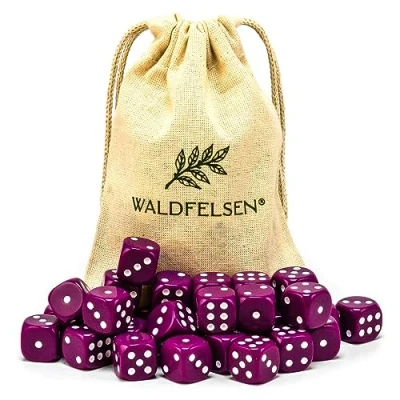 Abbildung von Waldfelsen 6, 12, 20, 30 oder 50 hochqualitative Würfel Standardgröße 16 mm Acrylwürfel Knobel Spielwürfel Dice 6 seitig sechsseitig Spielzubehör Set mit Stoffbeutel (Lila, Stück)