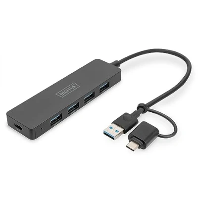 Abbildung von DIGITUS USB Hub 4 Ports 3.0 4X A 1x C Stromanschluss bis zu 5 Gbit/s inkl. auf Adapter 0,2m Kabellänge Slim line schwarz