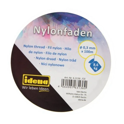 Abbildung von Idena 63136 Transparenter Nylon Faden auf Spule, unsichtbare Schnur ca. 0,3 mm x 100 m, Tragkraft 8,6 kg, zur Schmuckgestaltung, zum Basteln und Aufhängen von Mobiles, Fensterbildern uvm.