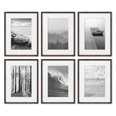 Abbildung von PHOTOLINI Bilderrahmen 30x40 Holz MDF Eiche Dunkel, 6er Set 40x30 mit Passepartout, bruchsicheres Acrylglas, Rahmen 30 x 40 zum Aufhängen, extra Zubehör für Fotos &amp; Poster