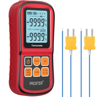 Abbildung von Proster Digitales Thermometer mit 2 Dual Kanal K Typ Thermoelementen Sensor Sonde LCD Hintergrundbeleuchtung Temperaturmessgerät Temperaturmesser für Thermoelement Typen K/J/T/E/R/S/N
