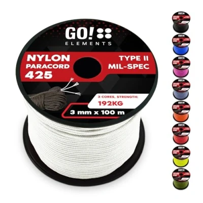 Abbildung von GO!elements 100m Paracord Seil aus reißfestem Nylon 3mm 425 Typ II max. 192kg Schnüre als Outdoor Seil, Allzweckseil, Survival Armband, Hundeleine, Nylonschnur, Farbe: Weiß