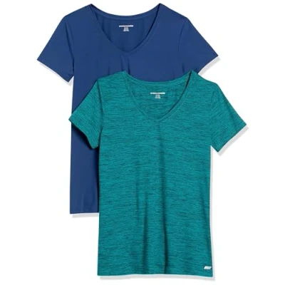 Abbildung von Amazon Essentials Damen Tech Stretch T Shirt mit kurzen Ärmeln und V Ausschnitt (erhältlich in Übergröße), 2er Pack, Blau/Blaugrün Space dye, L