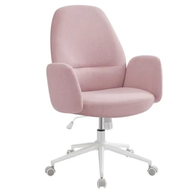 Abbildung von SONGMICS HOME Drehstuhl, Bürostuhl, Schreibtischstuhl, höhenverstellbar, modern, Rückenlehne, Armlehnen, breiter Sitz, Baumwoll Leinen Mischgewebe, pastellrosa OBG045R01