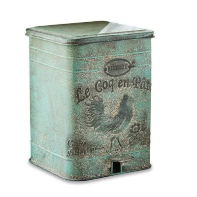 Abbildung von Loberon Abfalleimer Kora, dekorative Antik Patina, mit Prägung &amp; Schriftzug, im nostalgischen Stil, Gartenzubehör, Gartenhelfer, Mülleimer, Zinn, antikgrün