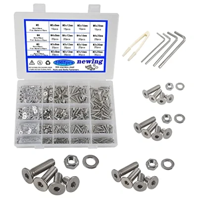 Abbildung von newlng 1065 Stück M2 M3 M4 M5 schrauben set Hex flach Knopf Senkschrauben 304 Edelstahl mit MutterUnterlegscheiben und Schraubenschlüssel für