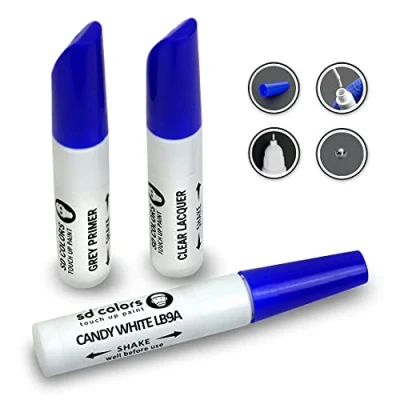 Abbildung von SD COLORS 12 ml Touch Up Farbe, Klarlack und Grundierung mit Pinsel Candy White (LB9A) Kompatibel VW/Audi Kratzer, Chips Lackreparatur