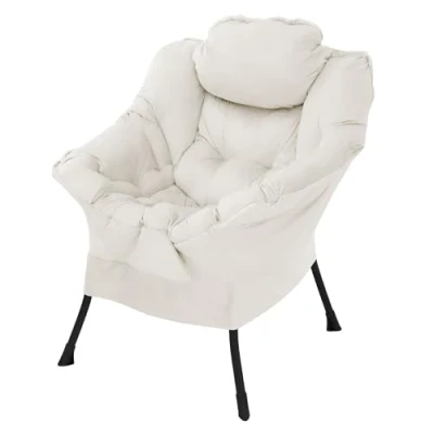 Abbildung von ML Design Relaxsessel Creme, Wohnzimmersessel mit Armlehnen &amp; Seitentasche, Fernsehsessel Kopfkissen, Loungesessel Stahlrahmen schwarzen Beine, Ohrensessel ergonomisch, Lesesessel gepolstert