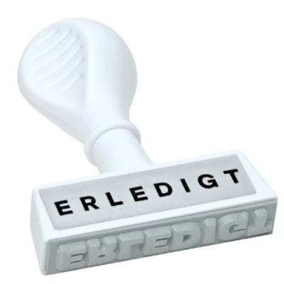 Abbildung von WEDO 19316 Lagertext Stempel ERLEDIGT, Kunststoff, Abdruckbreite ca. 45 mm, ergonomischer Griff, weiß