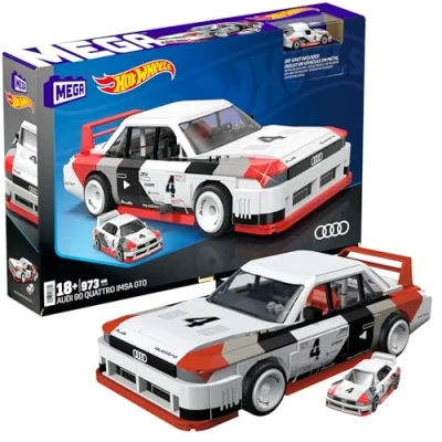 Abbildung von MEGA Hot Wheels zusammenbaubares Autospielzeug zum Sammeln, Audi 90 Quattro IMSA GTO mit 973 Teilen und Die Cast Modell, Set für Sammler Zusammenbauen Präsentieren, rot, HRY20