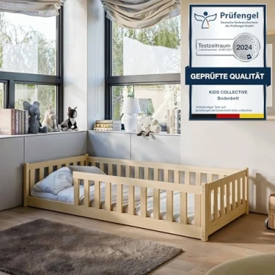Abbildung von Kids Collective Kinderbett Bodenbett Bett mit Rausfallschutz &amp; Lattenrost Montessori Kinder (weitere Größen 80x160, 90x200, 120x200, 140x200 cm), Jugendbett Einzelbett optional Matratze, natur Kiefer 80 x 180 cm