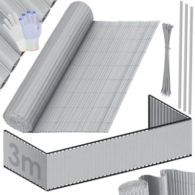 Abbildung von KESSER® PVC Sichtschutzmatte Sichtschutzzaun 120 x 300 cm Balkonverkleidung Windschutz verstärkte Lamellen für Garten Balkon &amp; Terrasse Balkonumrandung inkl. Kabelbindern Abdeckung Hellgrau