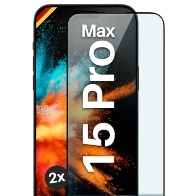 Abbildung von moex Full Screen Schutzglas kompatibel mit Apple iPhone 15 Pro Max Schutzfolie randlos, ganzer Bildschirm, Curved 3D Folie, Clear 2x Schwarz
