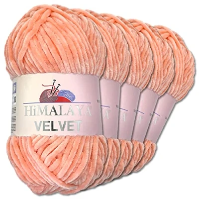 Abbildung von Wohnkult Himalaya 5 x 100 g Velvet Dolphin Wolle 40 Farben zur Auswahl Chenille Strickgarn Glanz Flauschgarn Accessoire Kleidung (90023 Pfirsich)