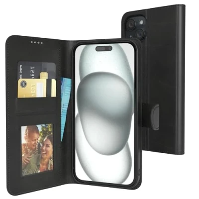 Abbildung von EAZY Case Klapphülle für iPhone 15 Plus Hülle klappbar Kameraschutz Schutzhülle magnetisch Flip Ständer Kunstleder Klapptasche mit Kartenfach Sichtfenster Foto Premium Handyhülle Schwarz