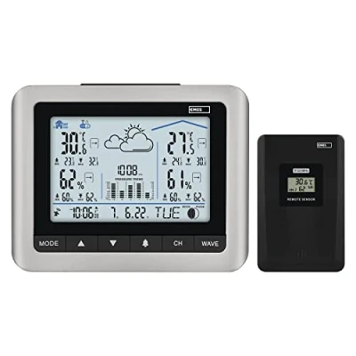Abbildung von EMOS Funk Wetterstation mit weißer Hintergrundbeleuchtung, Außensensor, Temperatur C/F, Luftfeuchtigkeit, Wettervorhersage, Max/Min Messwerte, Funkuhr 12/24h, Kalender, batteriebetrieben