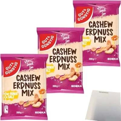 Abbildung von Gut&amp;Günstig Cashew Erdnuss Mix mit Honig und Salz lecker karamellisiert 3er Pack (3x200g Packung) + usy Block