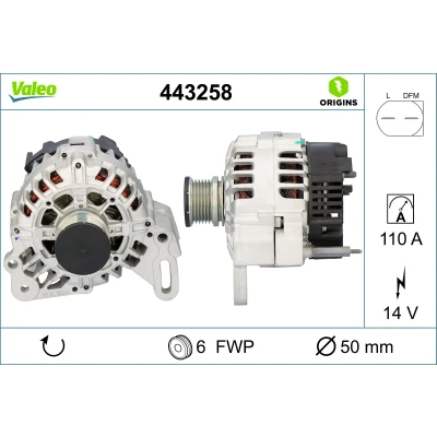 Abbildung von VALEO 443258 Lichtmaschine 14V 110A SKODA: Fabia I Schrägheck, 1 Combi, 2 VOLKSWAGEN: Polo IV Schrägheck
