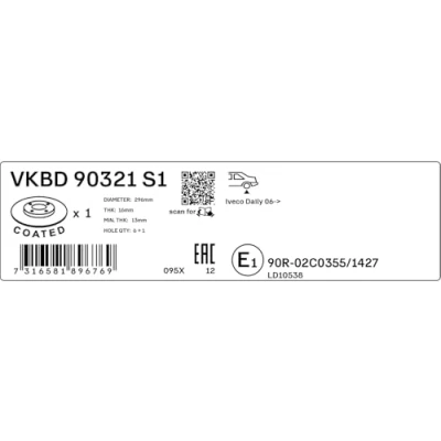 Abbildung von SKF VKBD 90321 S1 Bremsscheibe 296 16 6 1 125 voll beschichtet IVECO: DAILY Kastenwagen, 4 Kasten/Kombi, 3 Pritsche/Fahrgestell