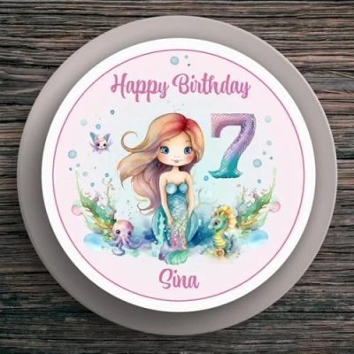 Abbildung von Tortenaufleger Geburtstag Meerjungfrau #2 Name &amp; Zahl (20cm) Fondant Papier