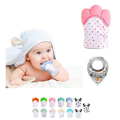 Abbildung von Funky Planet Beißhandschuh für Babys ab 0 Jahren Baby Teething Toy Raschelnder Zahnhandschuh Zahnungshilfe aus Lebensmittelechtem Silikon + Bandana Lätzchen mit Clip