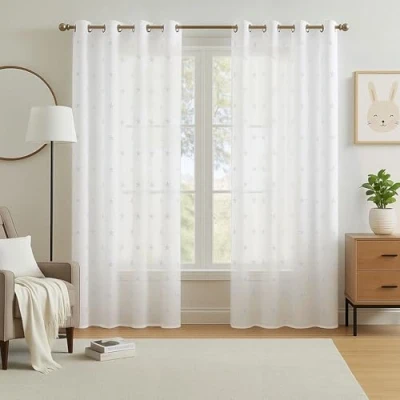 Abbildung von Deconovo Voile Gardinen mit Ösen Vorhang Leinenoptik Transparent Stickerei Stern, 180x140 cm(HöhexBreite), Weiß, 2er Set